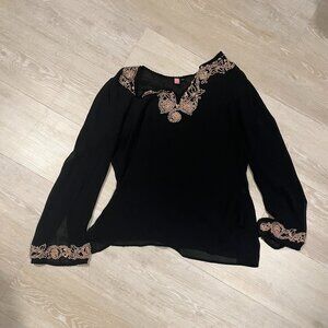Silk Itsu Sheer Black Blouse size 12 with wooden embellishments